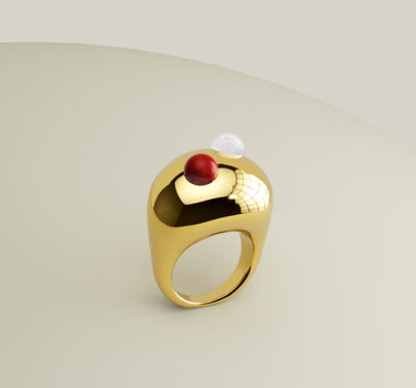 Chunky gold ring with red agate and quartz